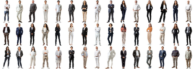 Wall Mural - Many business people set isolated background, casual formal attire wear, full body length, networking mixed different diversed businesspeople, happy male female, successful career, crisp edges style