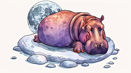 Sticker - Serene hippo slumbers under the grey moon in this handpainted watercolor illustration, set against a clean white backdrop.