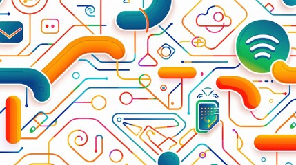 A stylish beige abstract background featuring tech devices and icons in a sleek, thin line interface design.