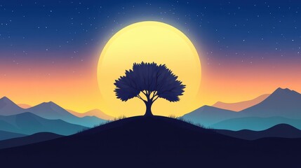 Poster - Embrace the beauty of a serene moonlit landscape, with a silhouetted tree perched on a peaceful hilltop.