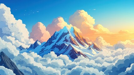 Wall Mural - A stunning mountain range at sunset, with snowcapped peaks glowing gold and clouds swirling around rugged cliffs.