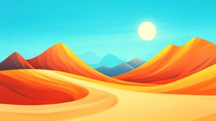 Sticker - Embark on a captivating journey along a sunlit path, surrounded by towering sand dunes, in this modern, textured art piece.