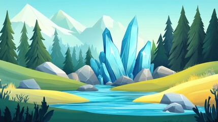 Canvas Print - Discover the beauty of nature with a whimsical illustration, showcasing crystal structures flowing through serene forest waters.