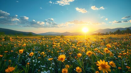 An illustration of a solar farm under a bright blue sky, with clean, renewable energy powering a sustainable future, 