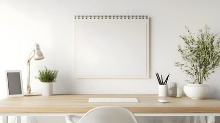 Blank Wooden Desk Calendar and Minimalist White Decor for Serene Workspace