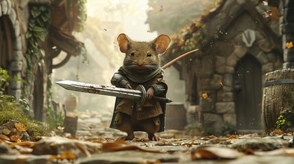 A brave mouse warrior standing in a medieval village