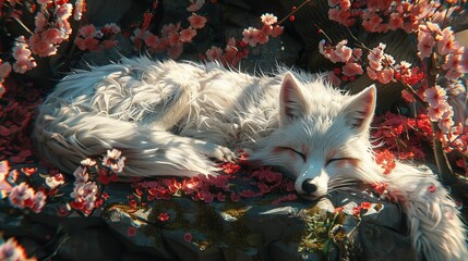 Poster - Sleeping Arctic Fox in a Floral Paradise