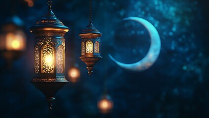 Eid Mubarak and Ramadan Kareem greetings with an Islam crescent, lantern, mosque bokeh background