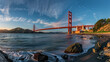 © Chanya2498 - taken from on the banks of the San Francisco Bay, hi resolution photograph of the Golden Gate bridge,generative ai