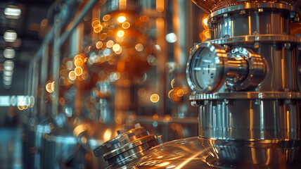 detailed closeup shot of a distillery with stainless steel distilling machines,generative ai