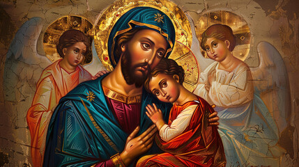 Poster - Religious Icon Painting of Saint Joseph, Mary, and Jesus