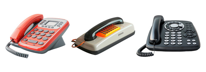 Landline telephones set isolated on transparent background with traditional communication devices