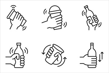 shake the bottle well, shaker icon set, hand holding drink, vector illustration on white background