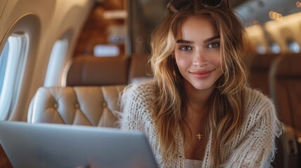 Businesswoman enjoying a productive flight in business class, working on her laptop with a smile