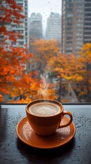 Wall Mural - A cup of coffee in the autumn rain overlooking a city. 