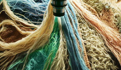 Close-up of yarn being dyed in vibrant colors, textile and fiber processing concept