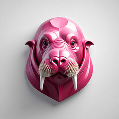 Sticker - pink theme walrus head 3d art logo in plain white background