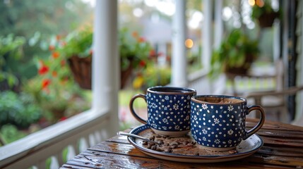 Wall Mural - Two Cups of Coffee on a Porch