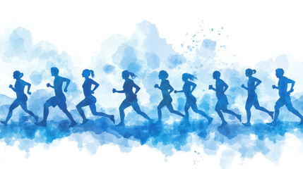 Wall Mural - Blue watercolor painting of a group people exercise workout together