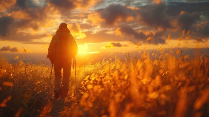 Canvas Print - Silhouette of a Hiker at Sunset