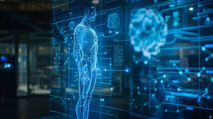 Wall Mural - Digital Human Model with Circuitry and Brain Scan Display