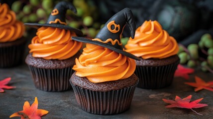 Wall Mural - Halloween-themed chocolate cupcakes with orange frosting and witch hats