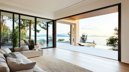 Morning view from modern home to an outside seaside through windows