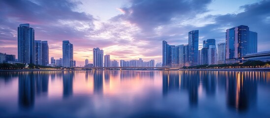 Wall Mural - skyscrapers reflecting in calm water of river near bridge against cloudy sunset sky