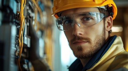 Wall Mural - Focused Electrician: A close-up portrait of a dedicated electrician, his eyes intense with concentration as he works on a complex electrical panel.  The yellow hard hat and safety glasses symbolize hi