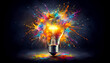 © Adeel - Creative concept light bulb explodes with colorful  colors on a dark background. Think different, creative idea. Productivity and creativity