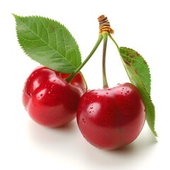 Wall Mural - Two Red Cherries with Green Leaves