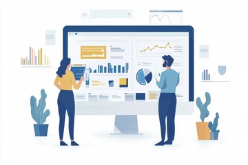 Wall Mural - Strategic SEO and Keyword Planning by Business Professionals in Minimalist Flat Illustration Style