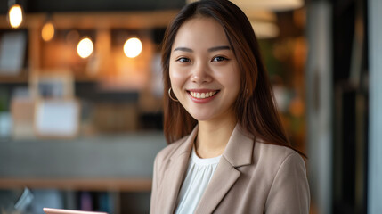 Young happy business woman working with tablet in corporate office