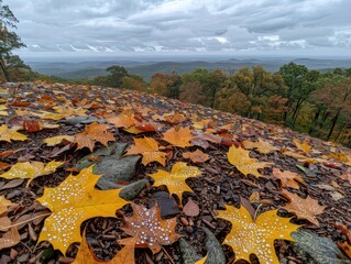 Wall Mural - Scenic autumn landscape with colorful fallen leaves on the ground and a forested horizon under a cloudy sky, showcasing the beauty of fall