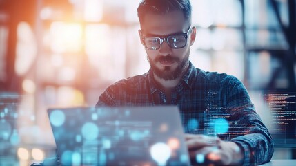 Focused on Innovation: A tech-savvy professional immersed in his work, surrounded by glowing digital data, embodies the spirit of modern innovation and technological advancement. 
