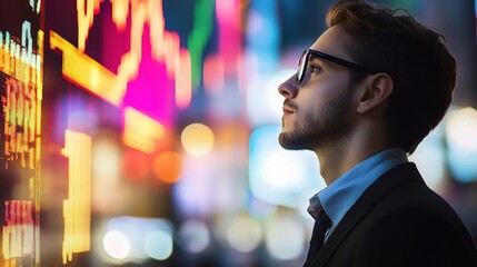 Canvas Print - The City Lights, The Stock Market: A young, ambitious businessman gazes intently at a bustling stock market display, reflecting on the dynamic world of finance and the opportunities it holds. 