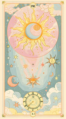 Tarot card frame with sun, moon and clock in pastel color