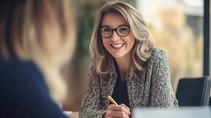 Sticker - The Power of Connection: A confident businesswoman exudes warmth and engagement, actively listening during a meeting in a modern office.