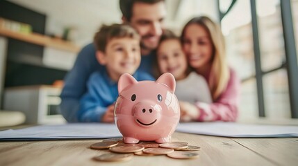 family savings: a pink piggy bank takes center stage, overflowing with coins, symbolizing a family's