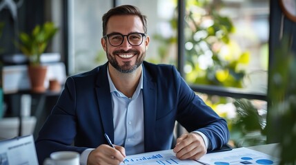 Poster - Confident Businessman: A portrait of a successful businessman, radiating confidence and professionalism while working on a financial report in a modern office. 