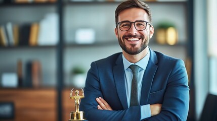 Wall Mural - Confident Success: A Portrait of a Successful Businessman - A confident businessman in a suit smiles with pride, arms crossed, a golden trophy in the background