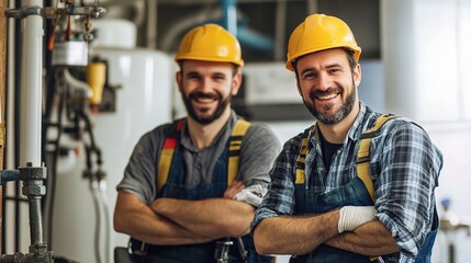 Industrial Pride:  A portrait of two smiling, bearded industrial workers, confidently standing side-by-side in their yellow hard hats and workwear, capturing the spirit of hard work