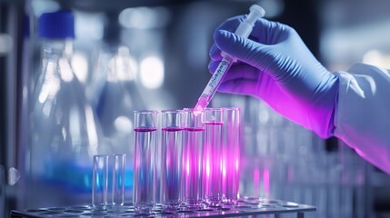 precision in a spectrum of innovation: a gloved hand carefully dispenses liquid into test tubes, bat