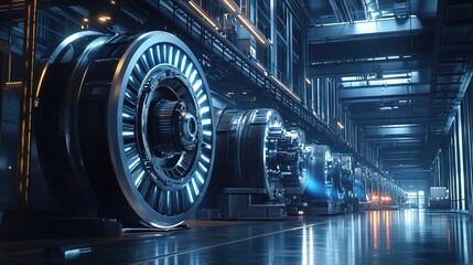 Wall Mural - Futuristic Powerhouse: Rows of Sleek Engines Pulse with Blue Energy in a High-Tech Industrial Facility 