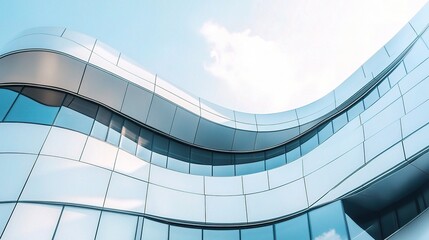 Sticker - Modern Architectural Marvel: A symphony of glass and steel, this contemporary building's curves dance against a bright blue sky. 