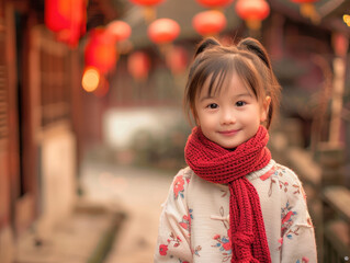 Wall Mural - A cute little girl, wearing a red scarf and sweater, smiling at the camera, with an ancient village background