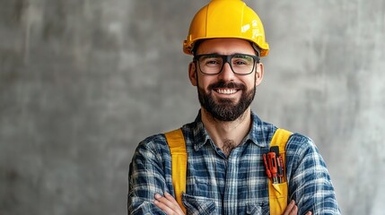 Wall Mural - The Confident Craftsman: A portrait of a bearded builder wearing a hard hat and tool belt, smiling with pride and expertise. 