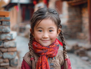 Wall Mural - A cute little girl, wearing a red scarf and sweater, smiling at the camera, with an ancient village background