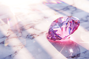  Beautiful pink diamond glowing on white marble in soft warm light