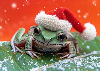 Festive Frog: A Green Frog Wearing a Santa Hat Sitting on a Leaf Amidst Snowflakes, Celebrating Christmas in Nature